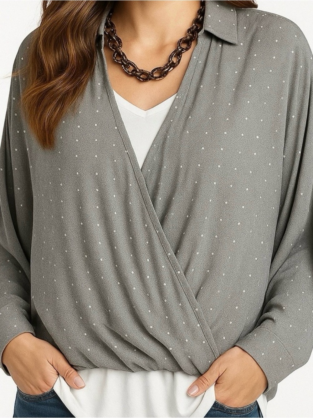 Lou & Grey Gray Metallic Gold and Silver Accent Long Sleeve Blouse Size Large